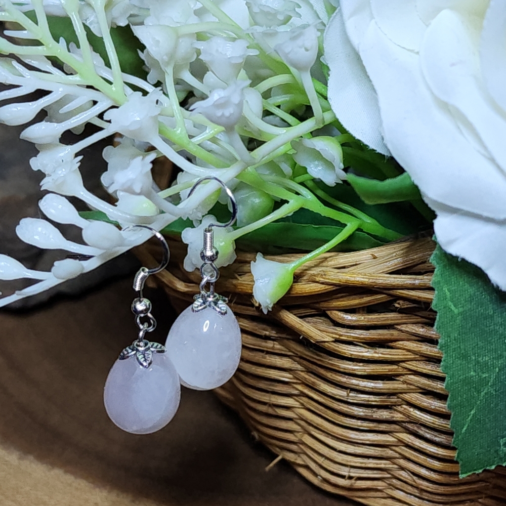 Hand Crafted Light Pink Rose Quartz Teardrop Dangle Hook Earrings